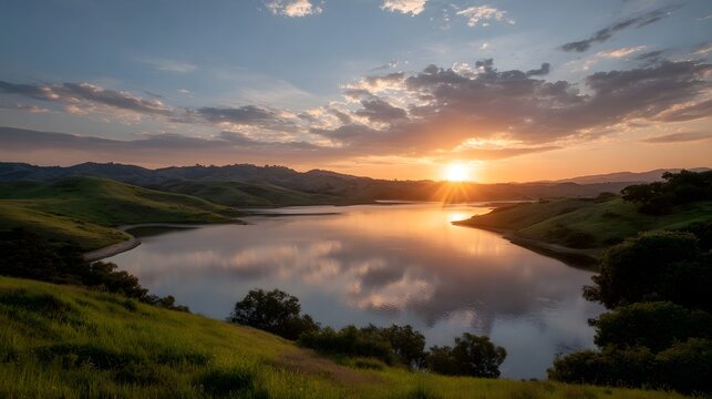 An expansive landscape featuring rolling hills and mountains bathed in the warm colorful light of sunrise or sunset
