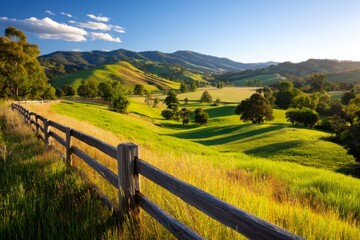 Fototapeta premium Scenic Rolling Australian Farmland with Layered Paddocks and Lush Hills Under a Bright Blue Sky
