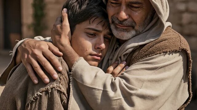 Emotional embrace between an older father and a crying son in tattered clothing. The return of the prodigal son biblical narrative. Close-up of forgiveness and compassion