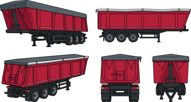 Heavy dump trailer truck vector illustration set featuring industrial cargo transport, construction hauling vehicle, and commercial logistics equipment views