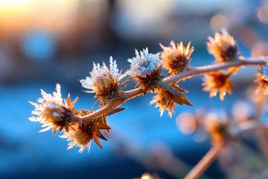 Delicate Saussurea Plant Covered in Morning Frost Sparkling Radiantly Under Soft Sunrise Light