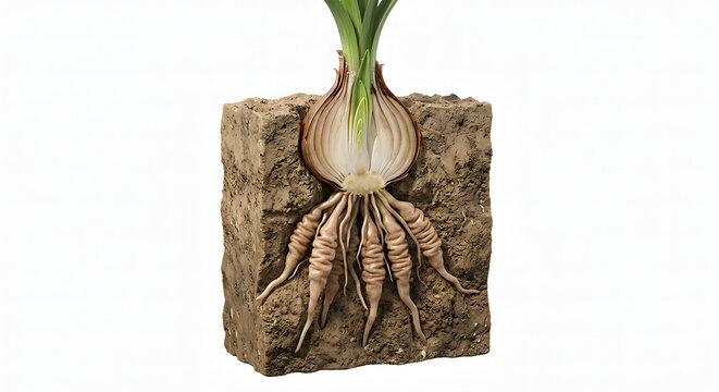 3D Scientific Render of Contractile Roots Pulling a Plant Bulb Downward in a Soil Cross-Section