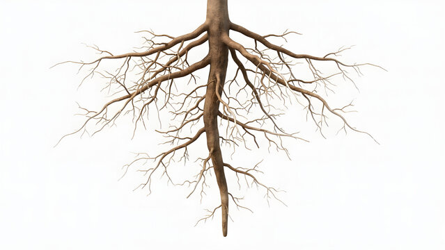 Scientific 3D Render of a Detailed Taproot System with Lateral Branching Isolated on White Background