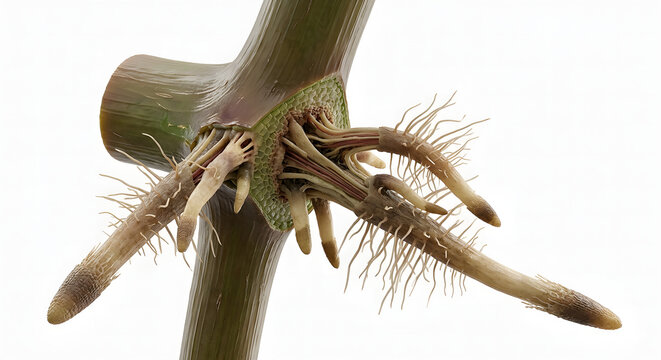 Detailed Scientific 3D Render of Adventitious Roots Emerging from a Plant Stem Node