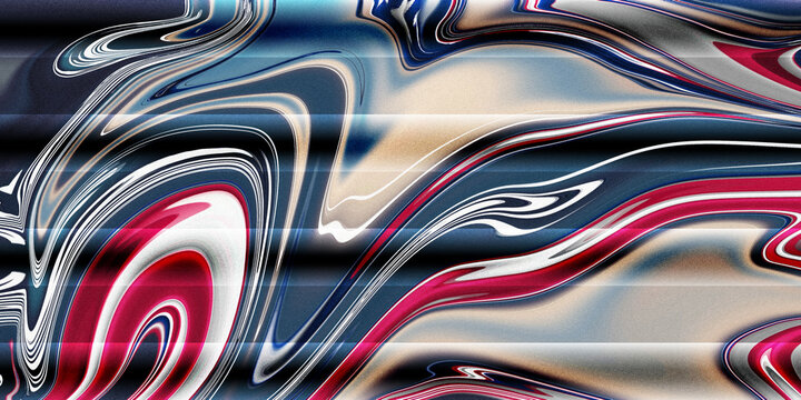 Abstract art with swirling red, white, and blue patterns on a metallic background