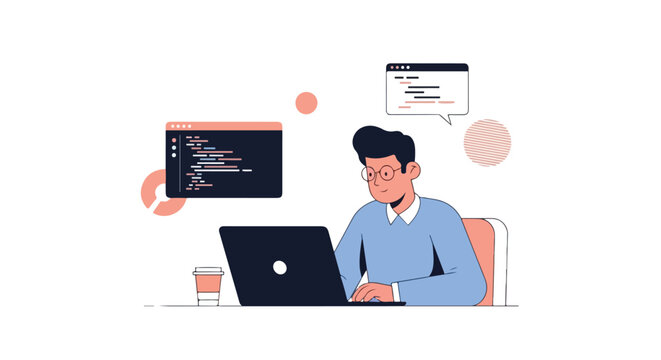 Modern flat vector artwork depicting a coder at a laptop, using simple geometric design, a minimalist workspace, subtle pastel details, dark screen contrast, and a crisp white background.