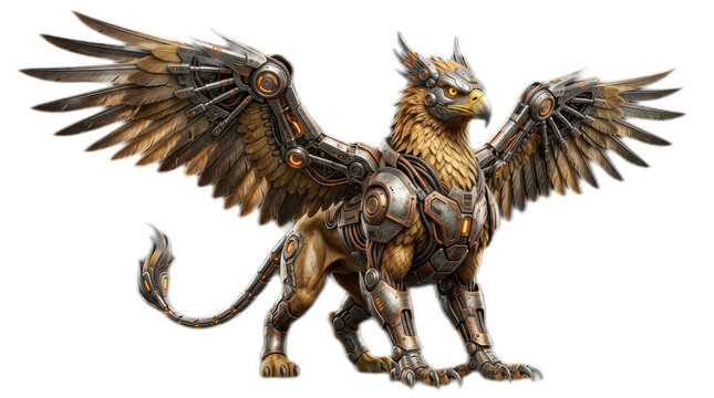 Majestic Mechanical Griffin with Intricate Details and Powerful Wings.