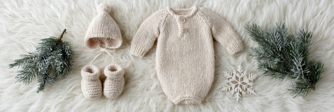 A flat lay view shows a newborn winter announcement setup with a knitted onesie, booties, and winter-themed decorations on a soft surface.