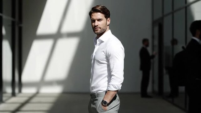  Confident Businessman in Transitional Urban Space. Adaptability, modernity, style.