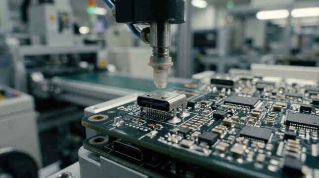 Closeup medium shot showing surface mount technology USB TypeC connector placement on a circuit board emphasizing modern compact electronics manufacturing.