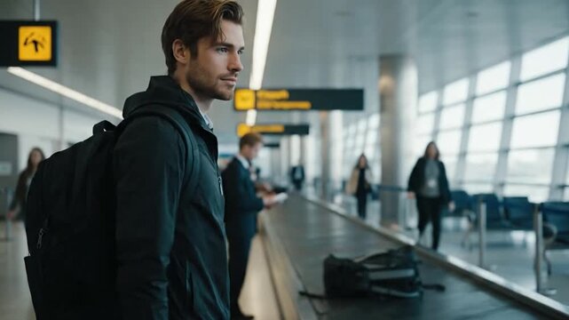 Young Man Actively Presenting Passport at Airport Security.