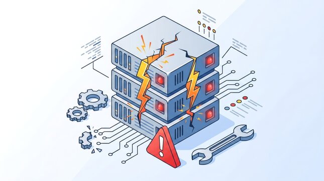 Isometric illustration of a broken server rack with lightning bolts, warning sign and tools, system failure concept