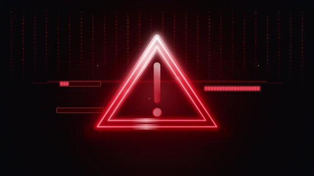 Animation of a glowing neon warning triangle on a dark background with binary code and digital loading bars. Concept of cyber security, data breach, and technological threat