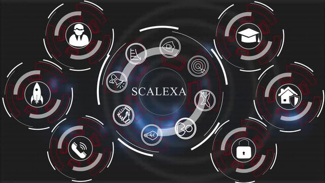 Dynamic digital interface featuring rotating circular hud with integrated business and corporate branding for advanced technological data visualization and analytics