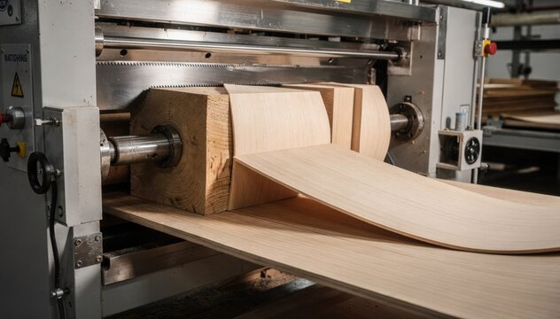 Medium shot of flatcut veneer slicing highlighting a machine cutting thin flat wood slices from a squared log for smooth uniform sheets.