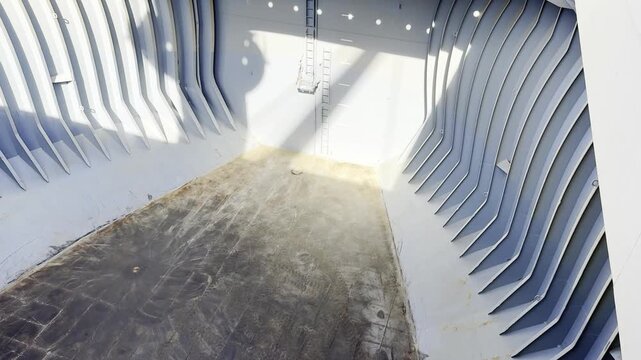 ship empty cargo hold after discharging of wheat. cargo residues on tank top. 