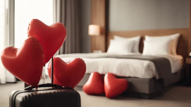Romantic hotel getaway with heart-shaped balloons and suitcase for Valentines Day trip