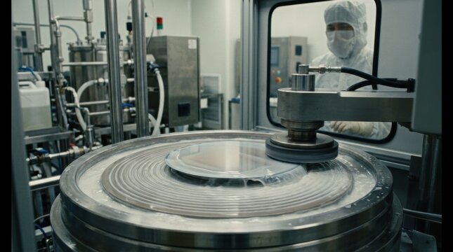 Medium shot of CMP polishing process showing oxide wafer surface smoothing as slurry blends with rotating pad emphasizing precision in semiconductor manufacturing.