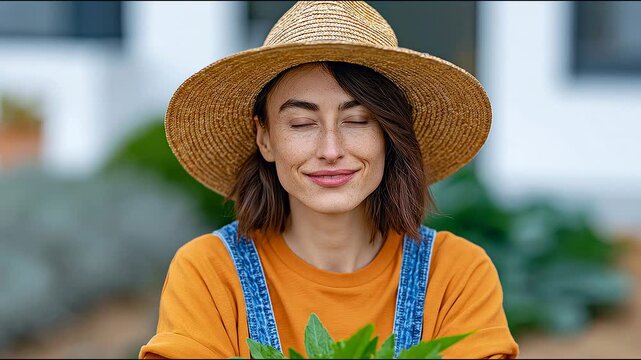 Young woman with brown hair wearing a straw hat and orange shirt holds green plant in hands, smiling in a garden setting with blurred greenery in the background