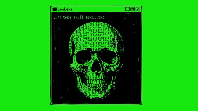 retro cmd exe window showing binary code skull animation over green screen chroma key background. Cyber virus and hacker attack concept drawn with solid black fills, no white elements