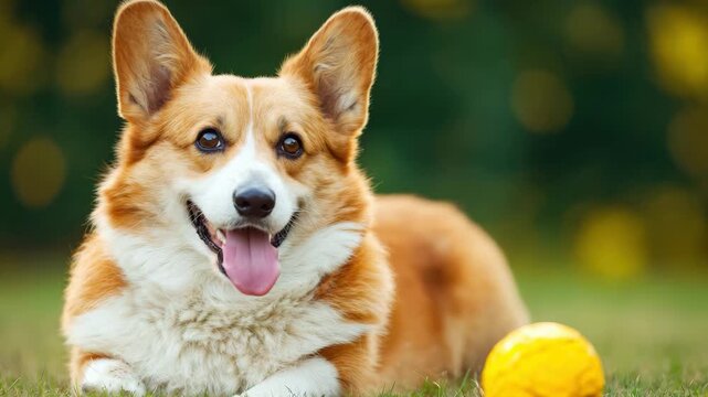 Happy Pembroke Welsh Corgi dog lying in green grass with a yellow ball, smiling with tongue out