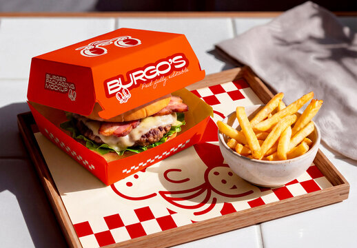 Burger Box and Fries Tray Packaging Mockup