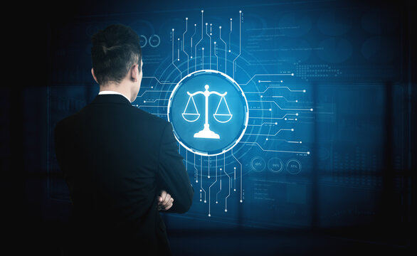Futuristic digital law interface displaying justice scale, highlighting digital law, AI compliance, digital law systems, and digital law regulations for secure governance. Spline