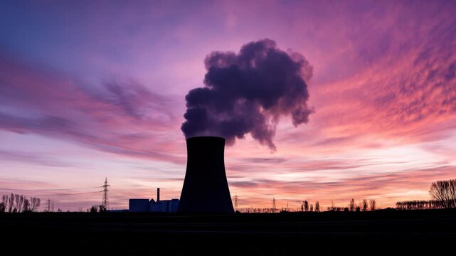 Nuclear power plant silhouette at sunset in Germany, energy production and environment concept
