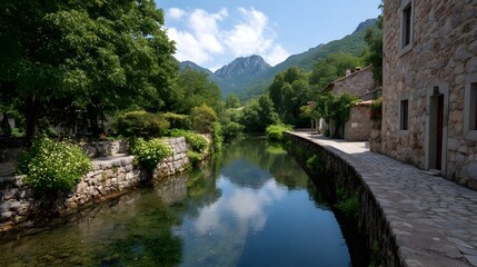 Fototapeta premium An old stone wall and pathway bordered by lush greenery leads toward a mountainous landscape