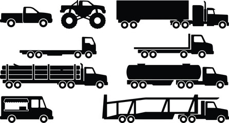 Collection of black silhouettes of various trucks and vehicles on a white background, for transportation and logistics © MD