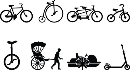 Assorted bicycle and personal transport vehicle silhouettes including unicycle, tandem, and scooter © MD