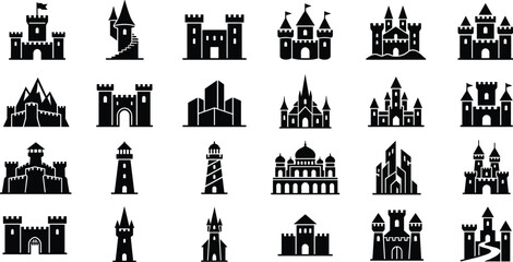 Collection of black silhouette castle and fortress featuring various architectural styles and medieval fortifications for projects © MD