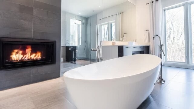 Modern bathroom interior with fireplace, freestanding tub, and luxury design elements
