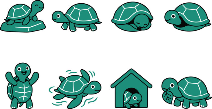 Set of eight cute teal green turtle characters in various poses and situations isolated on a white background