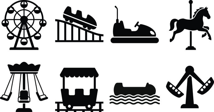Set of eight black silhouette representing amusement park rides and carnival attractions on white background