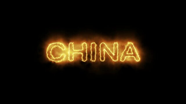 Burning China Text with Fiery Glow on Dark Background