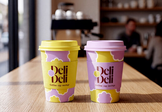 Two Takeaway Coffee Cups Mockup on Cafe Table