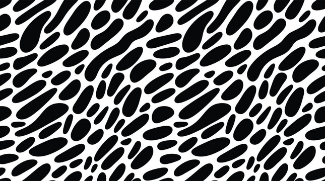 Seamless pattern featuring organic black amoeba shapes and irregular blob forms on a white background, for textile and