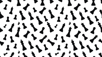 Seamless pattern background, featuring black chess, pieces including kings, queens rooks bishops, and pawns © MD