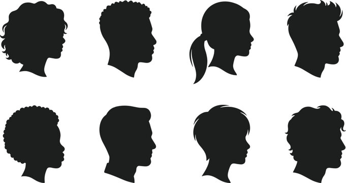Collection of eight black silhouettes of human heads in profile, featuring diverse hair textures and styles including curly, short, wavy, and spiky cuts for both men and women on