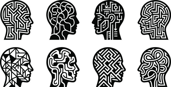 Collection of eight black and white human head profiles filled with complex maze and circuit patterns representing artificial intelligence and cognitive thinking processes