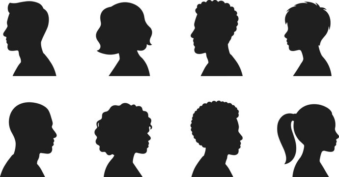 Set of eight black silhouettes showing human head profiles with diverse hairstyles and facial isolated on a white background, for character and, avatar creation