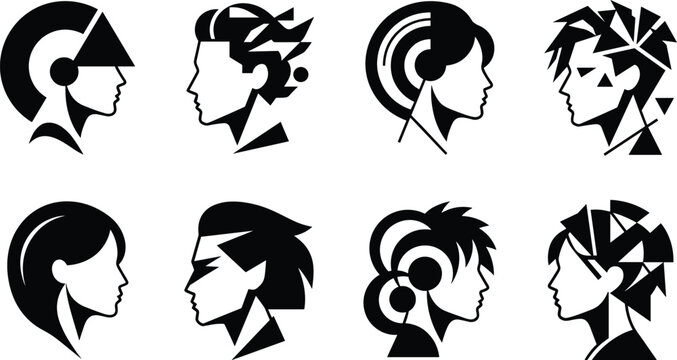 Eight unique human head silhouettes featuring abstract geometric hair and circular in black and white