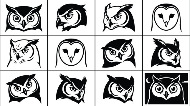 Collection of twelve stylized owl head featuring various expressions and angles in black and white style