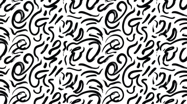 Abstract seamless pattern with hand drawn black ink scribbles and swirls on white background