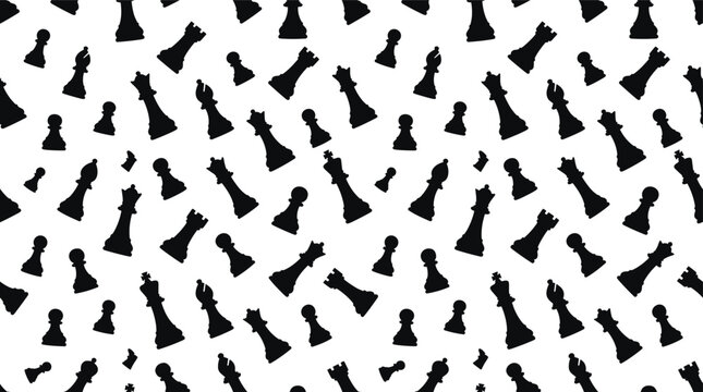 Seamless pattern background, featuring black chess, pieces including kings, queens rooks bishops, and pawns