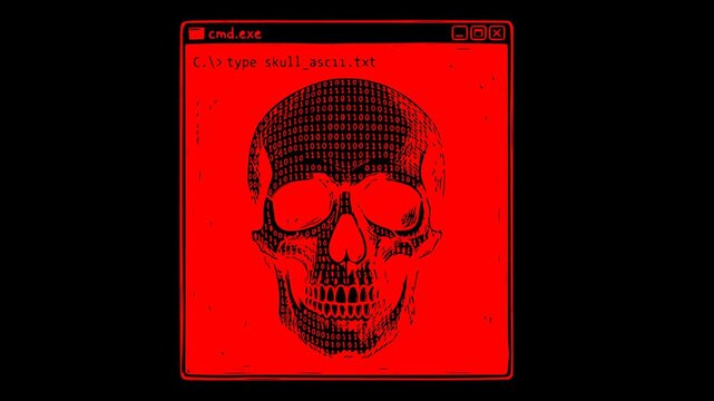 2d animation of a retro terminal cmd prompt windows command prompt window displaying a binary code matrix skull system error warning with a transparent alpha channel background