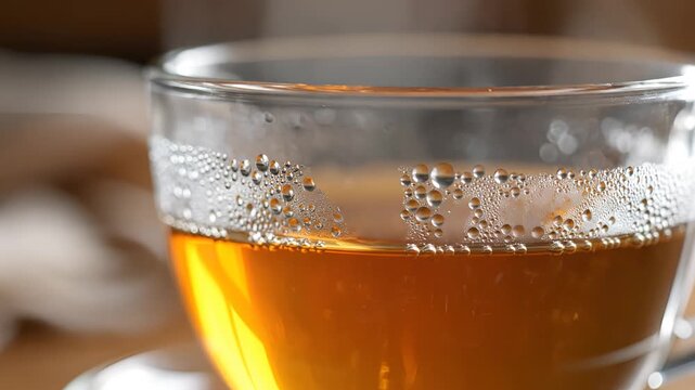 Closeup of a steaming cup of hot tea on a table.
