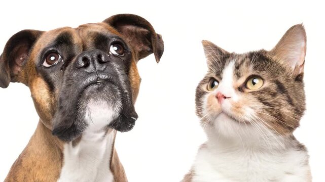 Four-panel grid of boxer dog and tabby cat portraits together, isolated on a white background