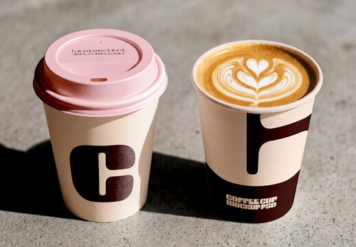 Two Coffee Cups Packaging Mockup on Concrete Surface